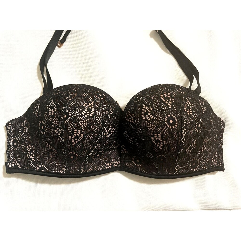 Victoria Secret Bombshell Strappy Multi-Way Strapless Push-Up Bra 32B Black Lace